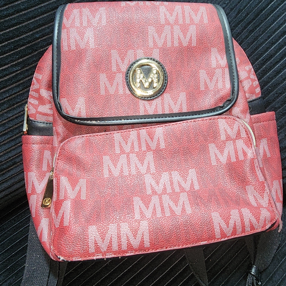 MM Monogram Red Women's Backpack with Gold Accent
